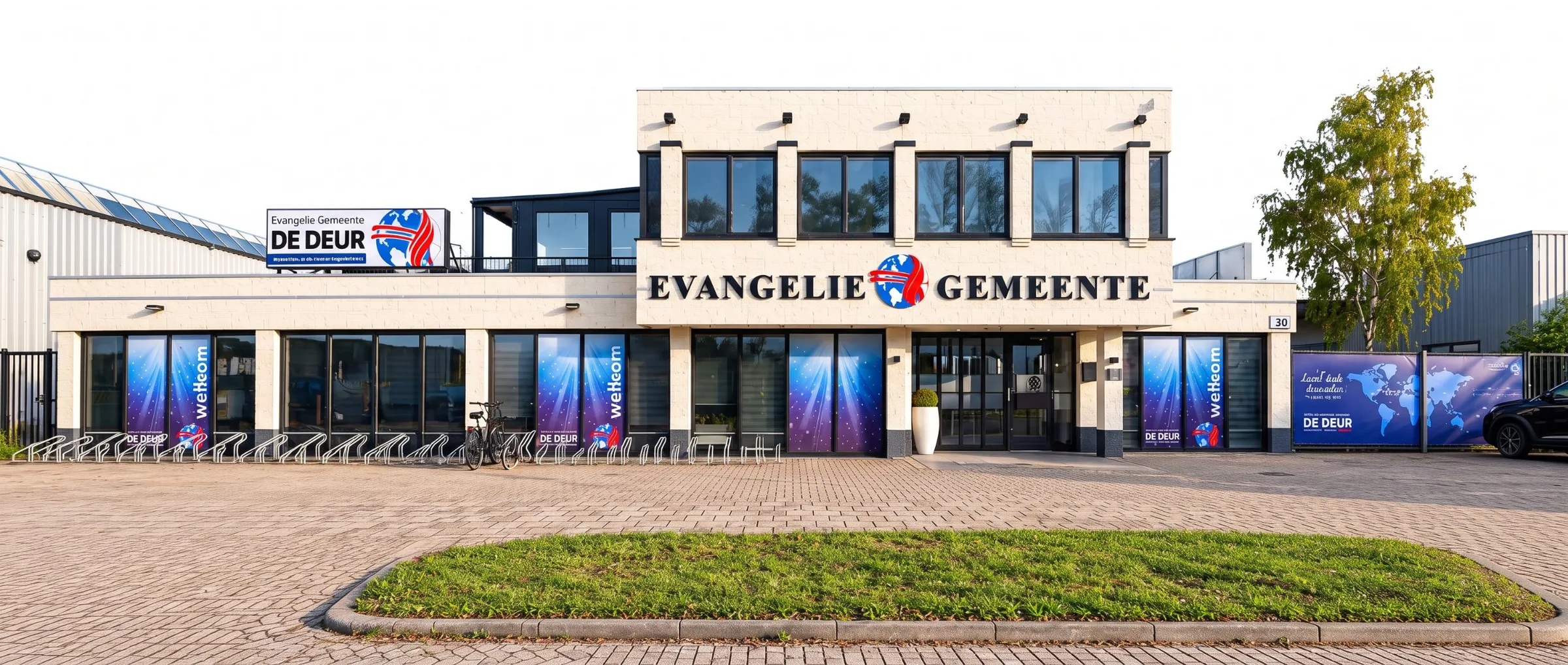 Het kerkgebouw van Evangeliegemeente De Deur aan de Algolweg 20 bij daglicht: een lichte gevel met de letters Evangelie Gemeente, ramen met welkomstbanners en fietsenrekken voor de deur